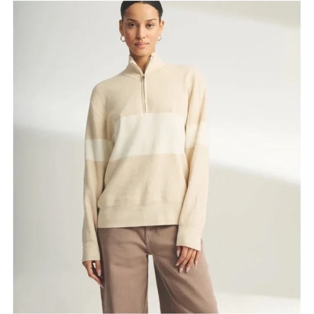 Naadam Beige and White Striped Quarter-Zip Sweater